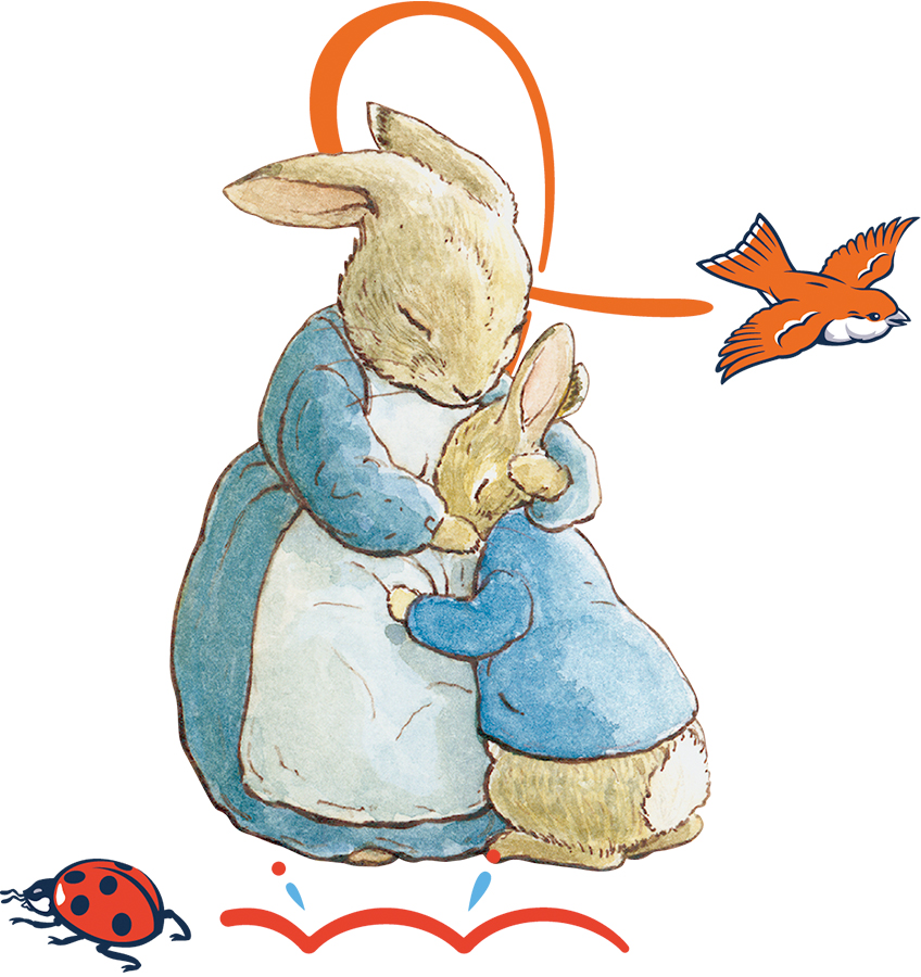 An image of Peter Rabbit and his Mum hugging with some extra decorative elements