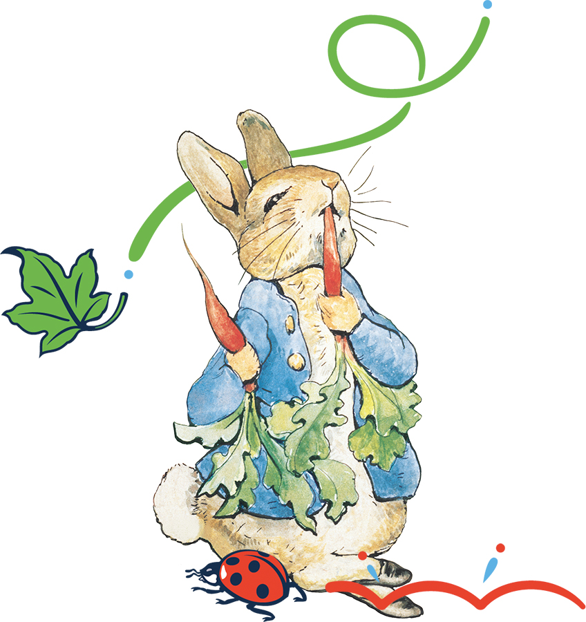 An image of Peter Rabbit chewing on a carrot with some extra decorative elements