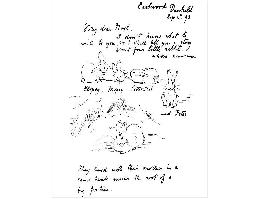 An image of a picture letter that Beatrix Potter sent to her former governess' son Noel in 1893, which tells the story of a mischievous rabbit called Peter. Image courtesy of Frederick Warne & Co.